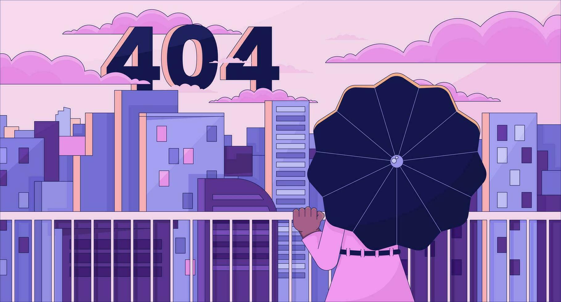 op zoek Aan stad van terras fout 404 flash bericht. vrouw onder paraplu. website landen bladzijde ui ontwerp. niet gevonden afbeelding, dromerig gevoel. vector vlak illustratie concept met 90s retro achtergrond