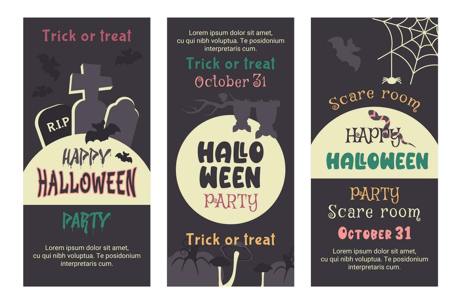 gelukkig halloween. reeks van verticaal folder, poster, uitnodiging. hand- getrokken elementen. maan, silhouet van knuppel, spin, spookachtig begraafplaats, pompoen. herfst vakantie van dood. vector tekenfilm illustratie