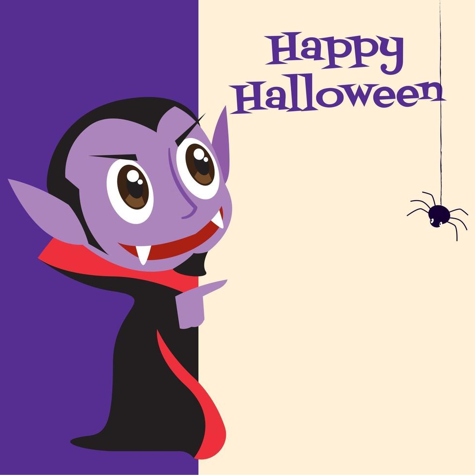 fijne Halloween. cartoon schattige vampier wijzend naar halloween uithangbord vector