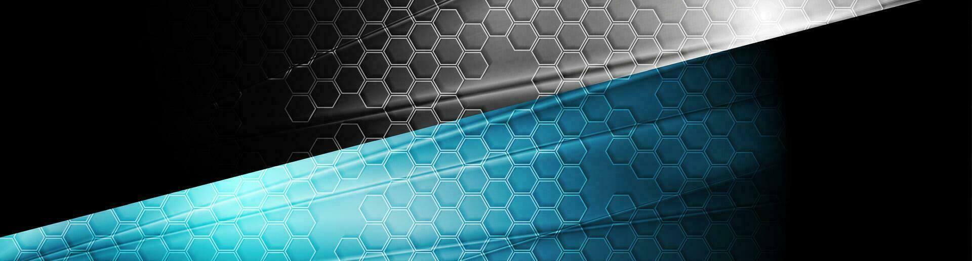 zwart blauw tech glanzend banier met honingraat structuur vector