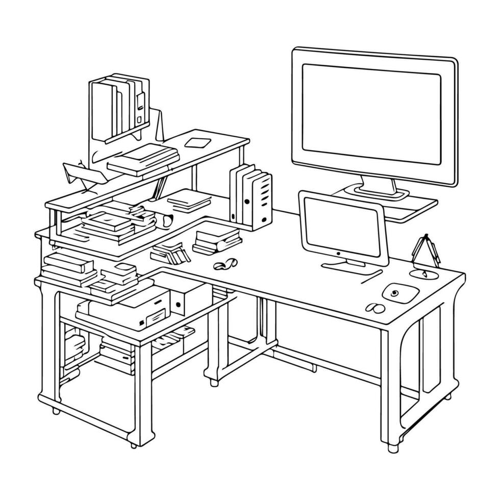 computer bureau zwart schets vector Aan wit achtergrond