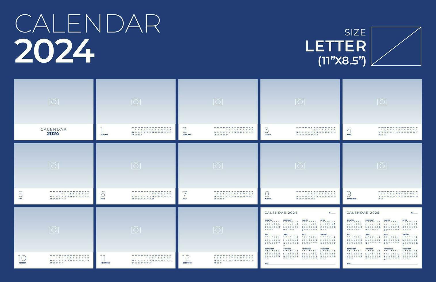 kalender 2024, landschap, minimaal ontwerp, foto, week begin zondag sjabloon. vector