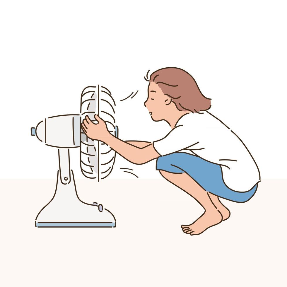 een meisje in de hete zomer houdt een ventilator vast. vector