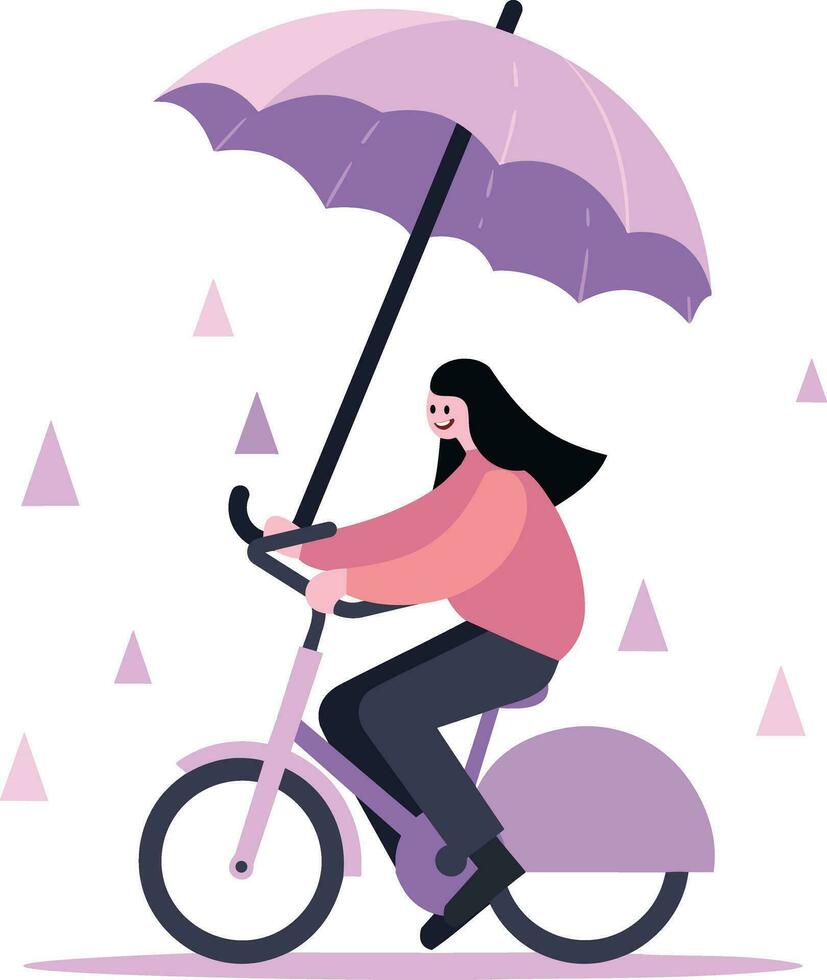 hand- getrokken mooi vrouw rijden een fiets en Holding een paraplu in vlak stijl vector