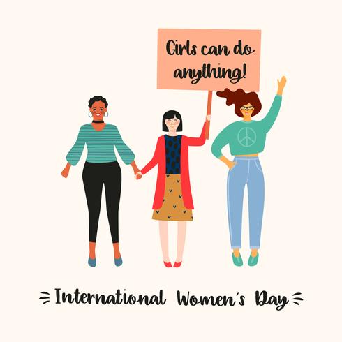 Internationale Vrouwendag. Vectorillustratie met vrouwen verschillende nationaliteiten en culturen. vector