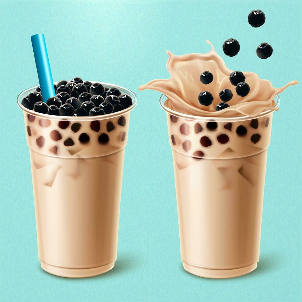 bubbel melk thee advertenties met heerlijk tapioca in 3d illustratie vector