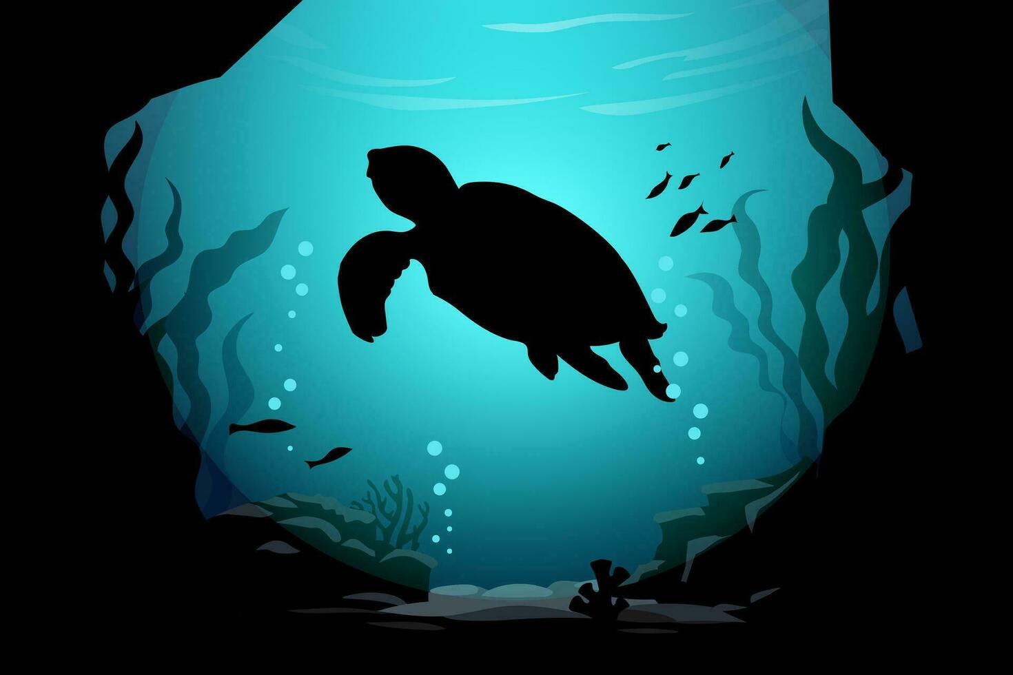 een zee schildpad zwemmen onder een zeewier grot vector