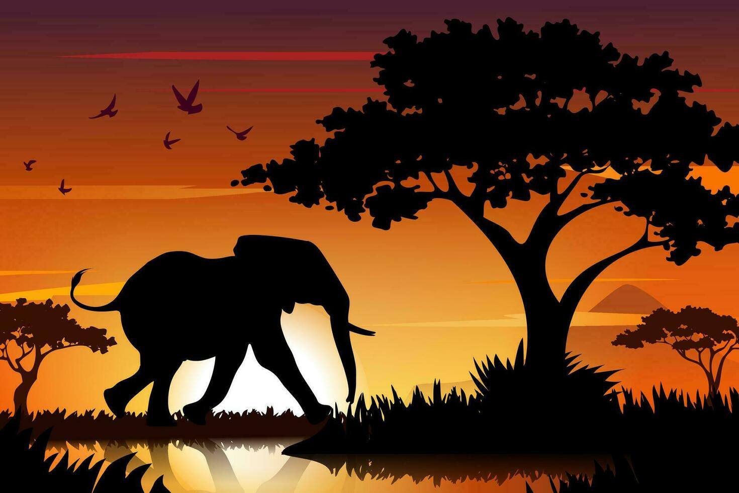 een olifant in de zonsondergang met een zonsondergang achtergrond vector