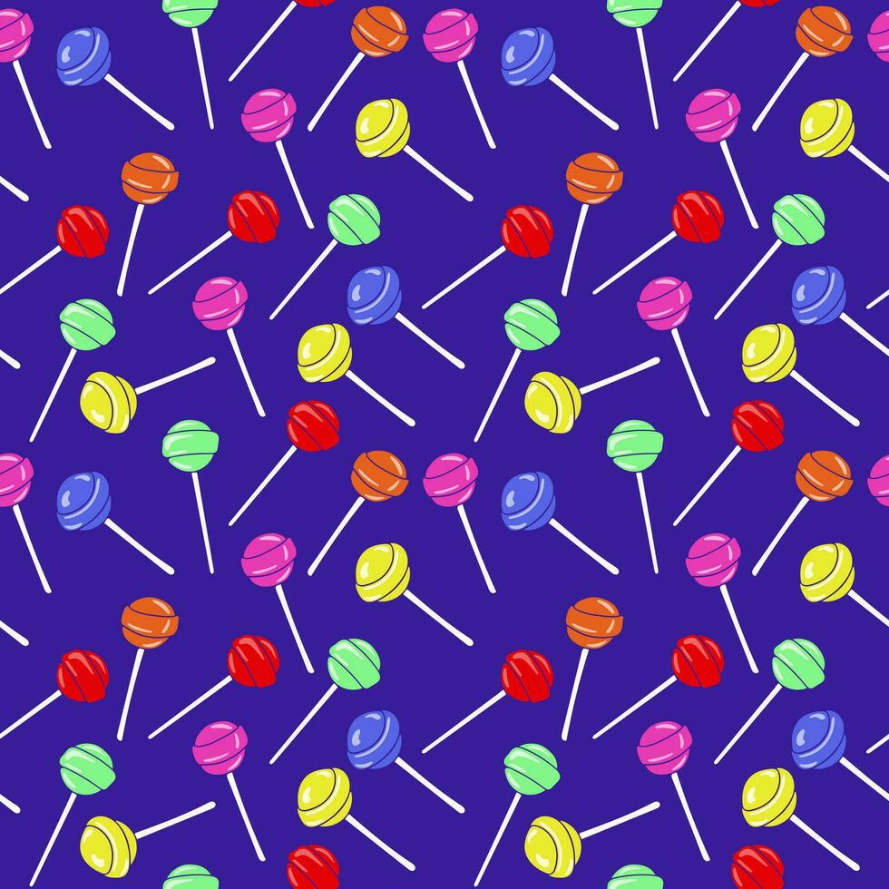 vlak vector wijnoogst lolly naadloos patroon. levendig snoepgoed in retro 90s neon gekleurde stijl. gekleurde snoepjes Aan blauw achtergrond. ideaal voor decoratie, kinderen textiel, inpakken, achtergrond, huis decor