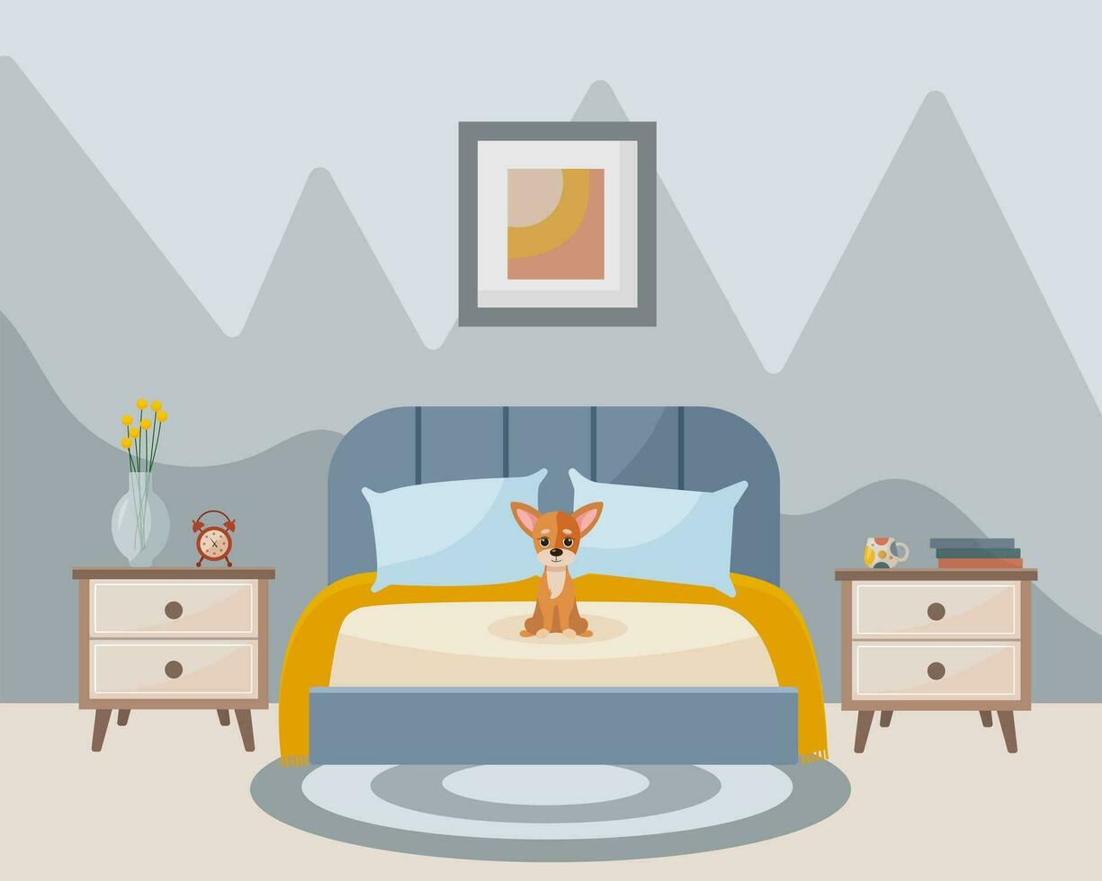 slaapkamer interieur bed, nachtkastje tafels, vaas van bloemen, boeken. interieur concept. weinig rood hond Aan de bed. vector vlak illustratie.