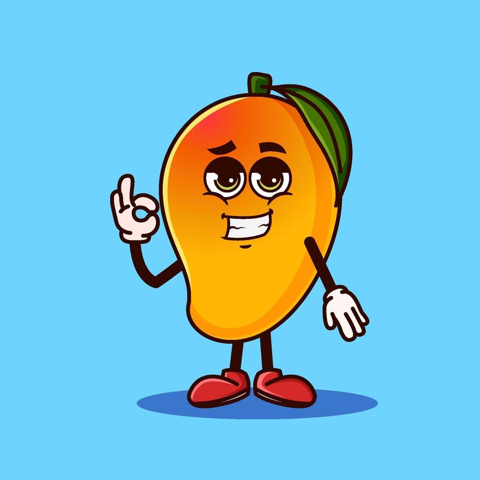 schattig mangofruitkarakter met coole emoji en toon gebaar ok. fruit karakter pictogram concept geïsoleerd. emoji-sticker. platte cartoon stijl vector
