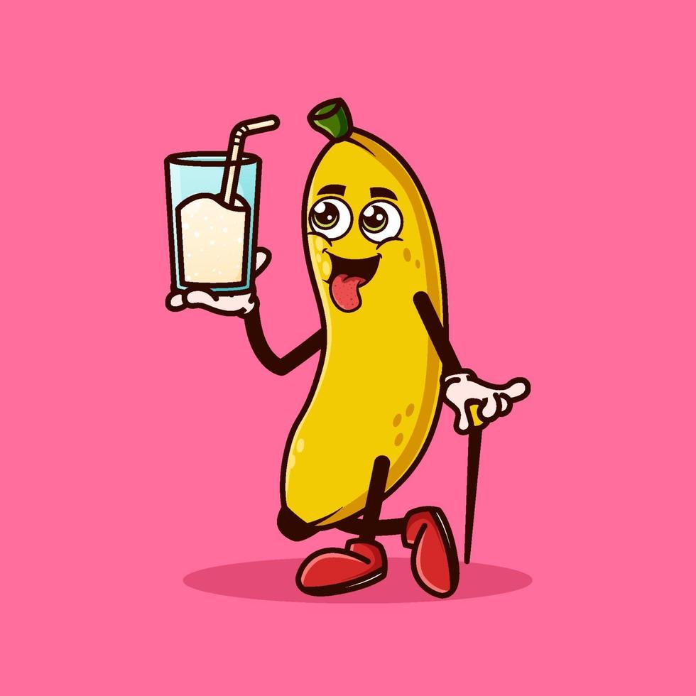 schattig bananenfruitkarakter met bananensap bij de hand. fruit karakter pictogram concept geïsoleerd. platte cartoon stijl premium vector