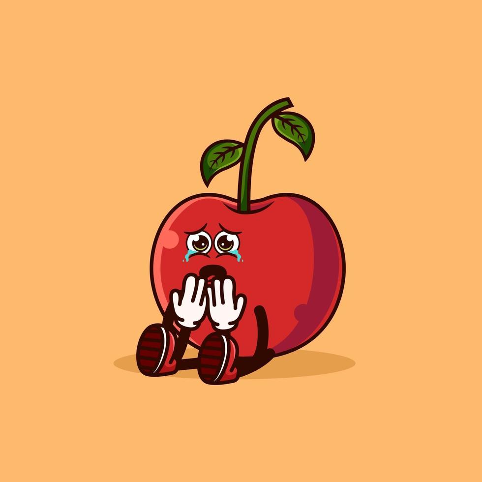 schattig kersenfruit karakter zitten en huilen. fruit karakter pictogram concept geïsoleerd. platte cartoon stijl premium vector