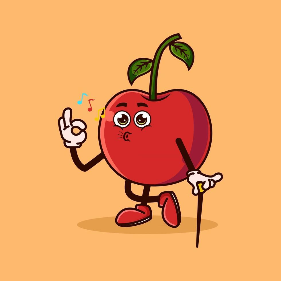 schattig kersenfruit karakter oke gebaar en fluitje. fruit karakter pictogram concept geïsoleerd. platte cartoon stijl premium vector