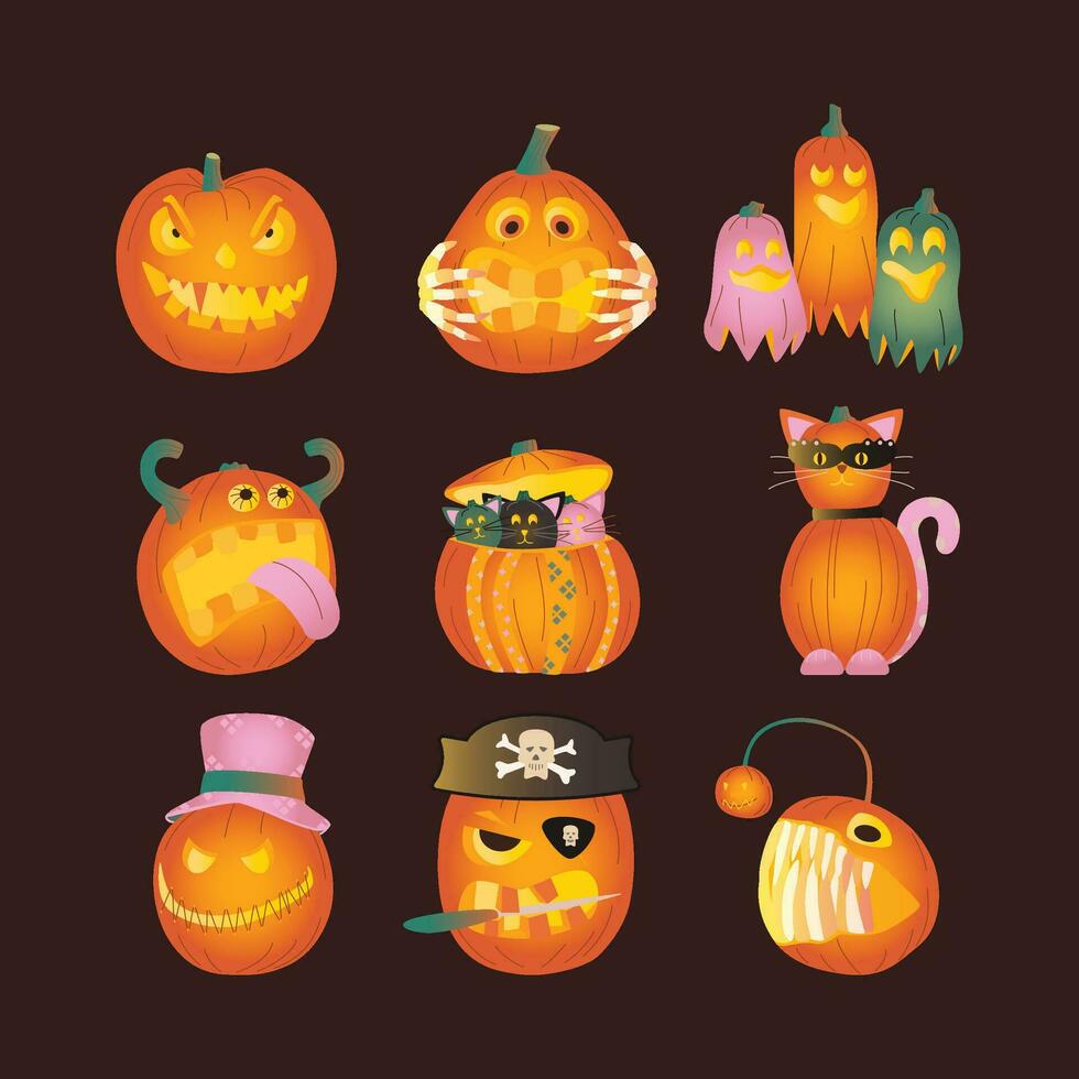 reeks van halloween pompoenen, herfst vakantie. een pompoen met een gesneden glimlach. vector