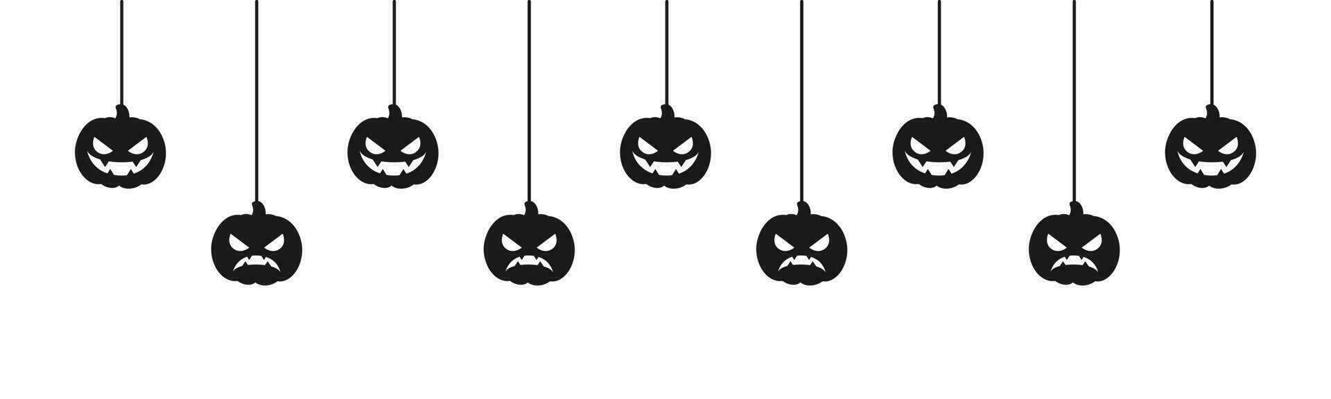 gelukkig halloween banier of grens met spin web en jack O lantaarn pompoenen. hangende spookachtig ornamenten decoratie vector illustratie, truc of traktatie partij uitnodiging