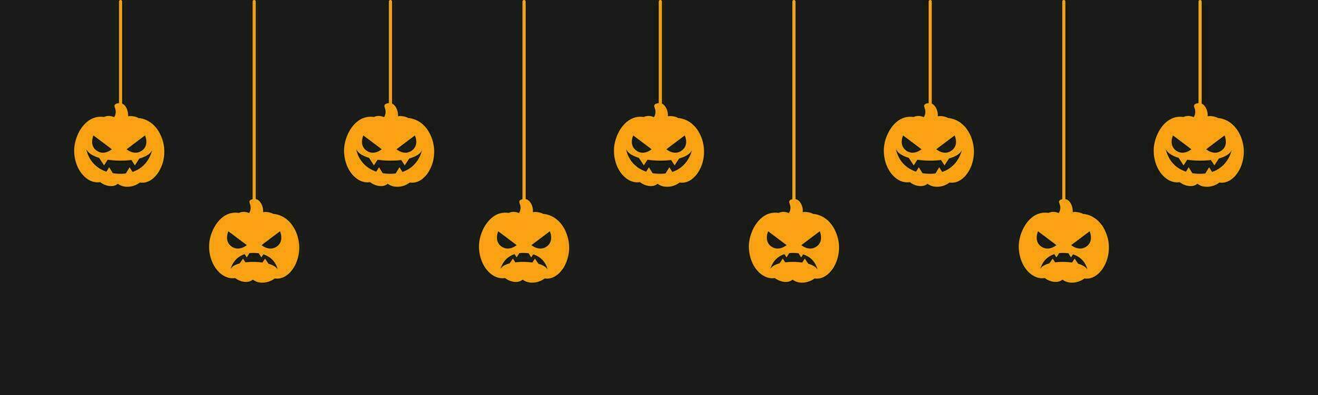 gelukkig halloween banier of grens met jack O lantaarn pompoenen silhouet. hangende spookachtig ornamenten decoratie vector illustratie, truc of traktatie partij uitnodiging