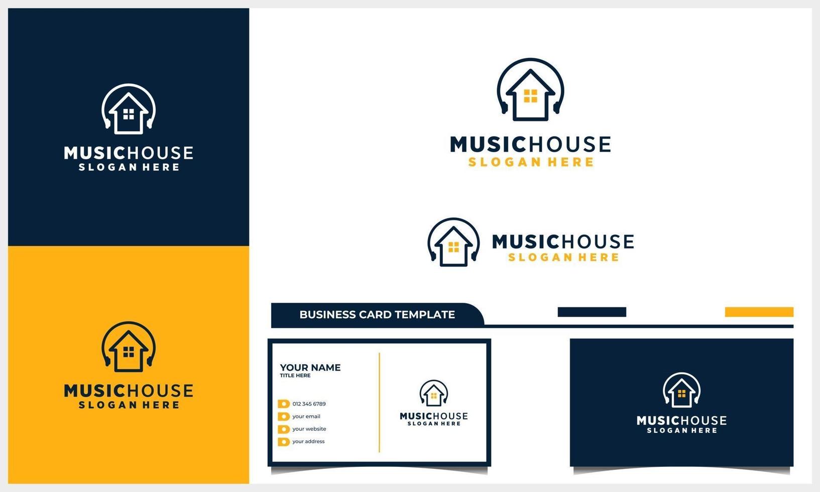 huis- of huislogo-ontwerp met oortelefoonmuzieklogo met sjabloon voor visitekaartjes vector
