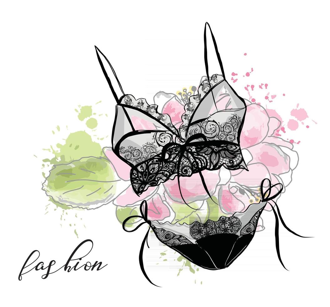 mode schets vrouwen kant sexy lingerie, beha en slipje. bloem achtergrond. vector