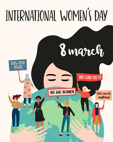 Internationale Vrouwendag. Vectorillustratie met vrouwen verschillende nationaliteiten en culturen. vector