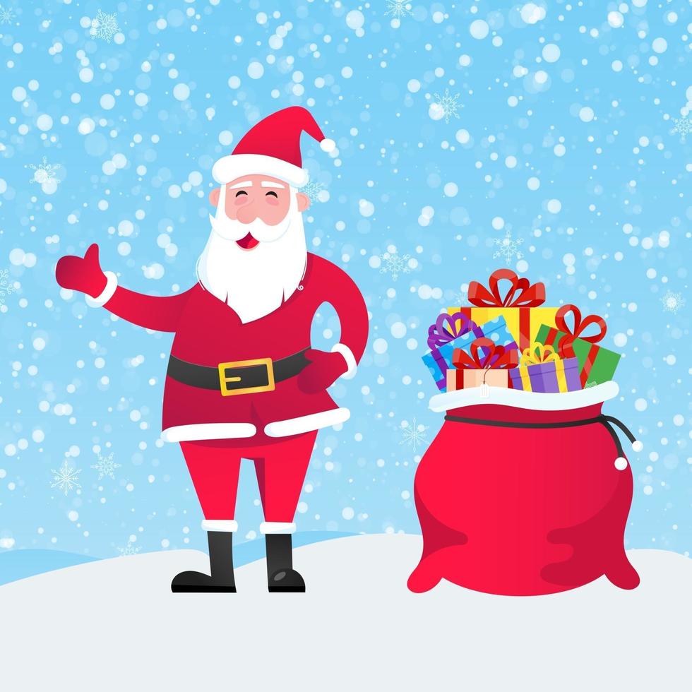 kerstman met cadeauzakje en cadeaus die opstaan met vallende sneeuw vector