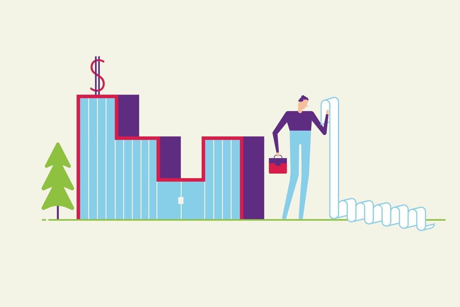 mannelijke zakenman die naar de lijst met belastingen of financiële documenten kijkt die naast de bank staan. betalen van belastingen concept van bank papierwerk minimale abstracte vlakke stijl ontwerp vector illustratie geïsoleerde background