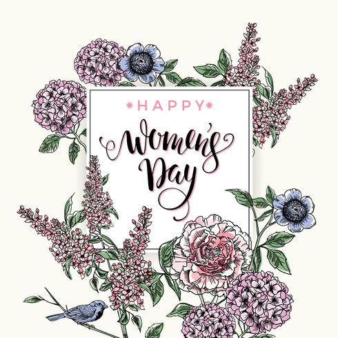 Internationale Vrouwendag. Belettering ontwerp met bloemen vector