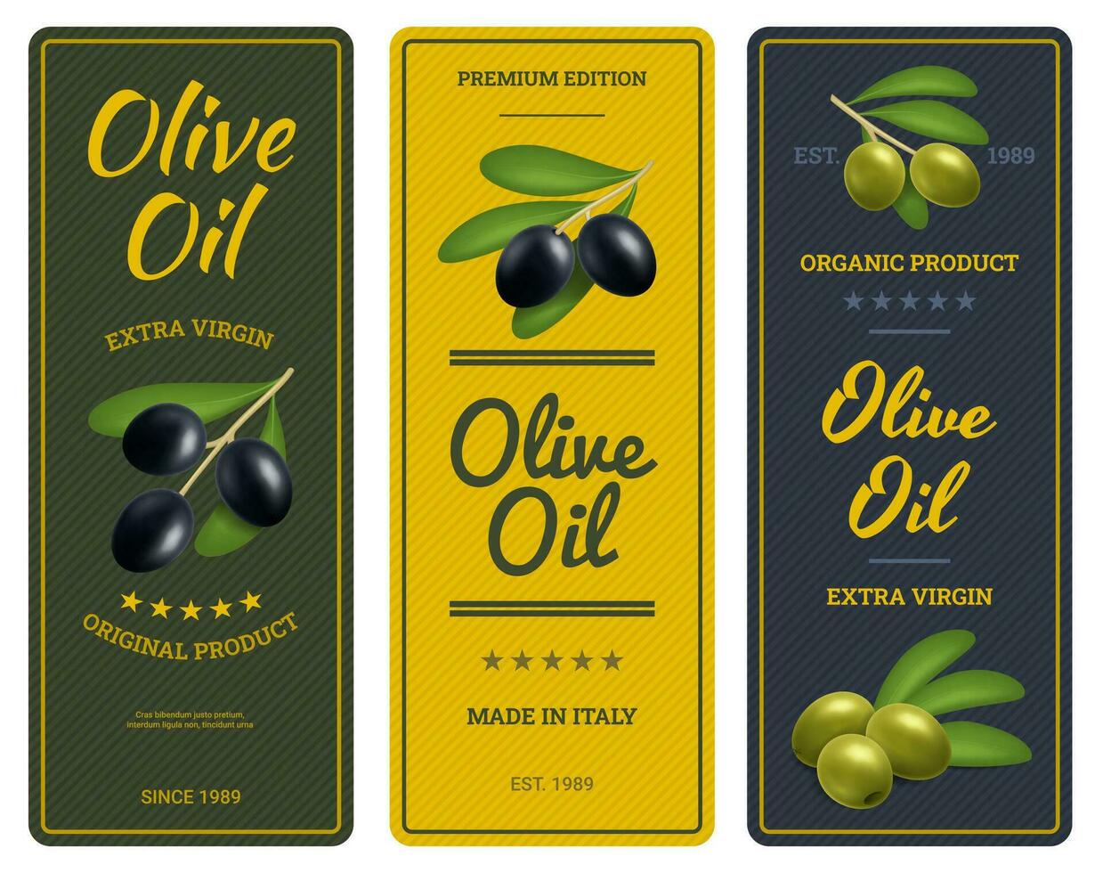 realistisch 3d gedetailleerd olijf- olie etiketten met olijf- Afdeling set. vector