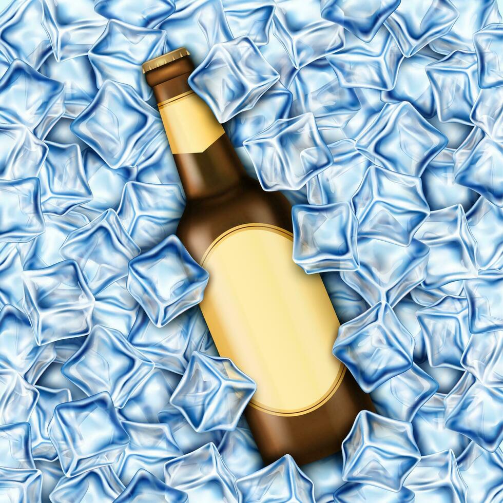 realistisch gedetailleerd 3d leeg sjabloon mockup bruin glas bier fles Aan een bevroren ijs kubussen achtergrond. vector