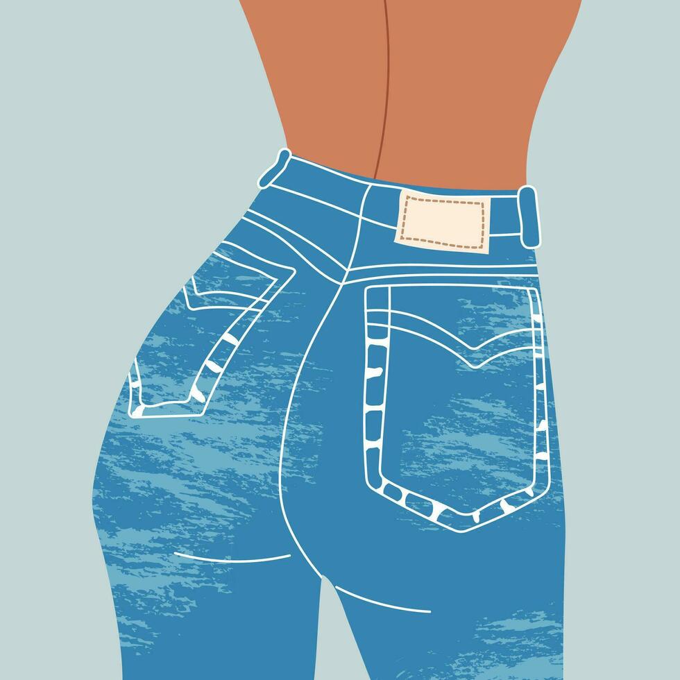 vrouw in hoog getailleerd jeans. terug visie. denim kleren. meisje in blauw jeans . modieus kleding vlak illustratie. unisex kleding Aan blauw achtergrond. vector vlak illustratie.
