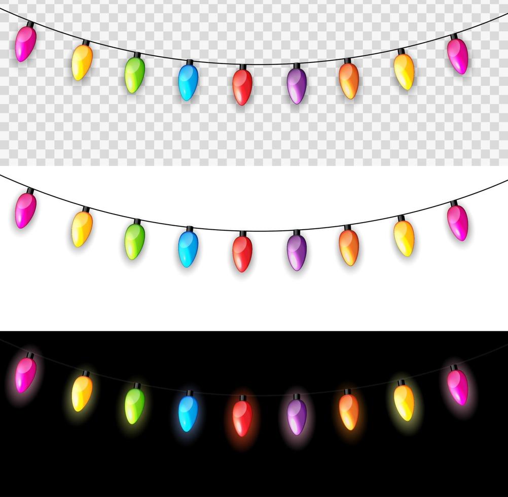 veelkleurige slinger lamp bollen feestelijk geïsoleerd op transparante, witte, zwarte achtergrond vectorillustratie vector