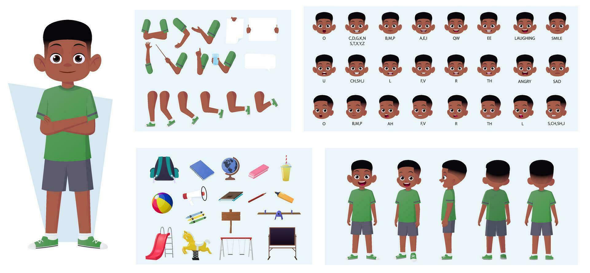 Afrikaanse Amerikaans jongen karakter creatie met gebaren, gelaats uitdrukkingen, en verschillend poses vector