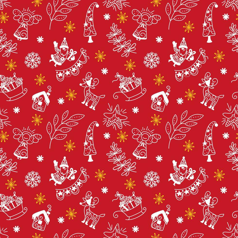 Kerstmis patroon Aan rood achtergrond. Kerstmis boom, hert, geschenk dozen, sneeuwvlokken, de kerstman. naadloos patroon voor kleding stof, behang, kleren. vector. vector