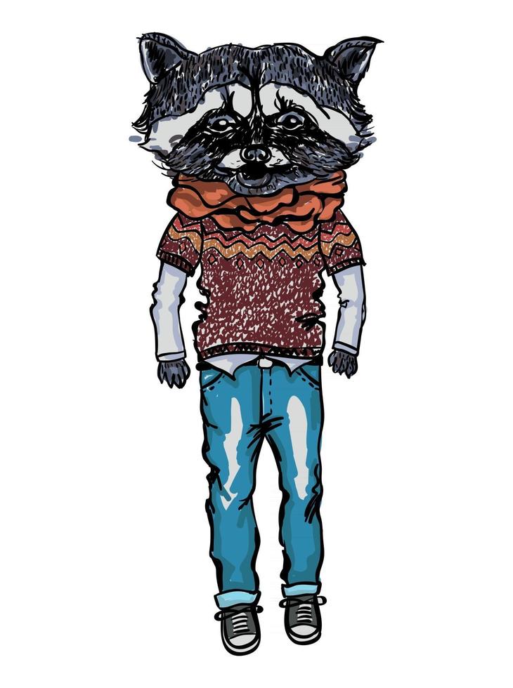 kleurrijke vectorillustratie van wasbeer dragen van casual kleding. hippe dieren. vector