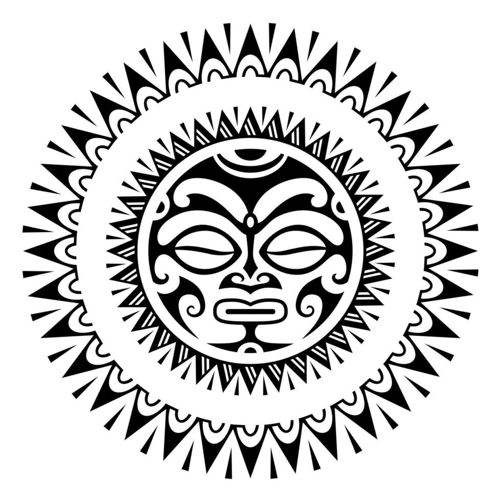 ronde tatoeëren ornament met zon gezicht Maori stijl. Afrikaanse, azteken of mayan etnisch masker. zwart en wit vector