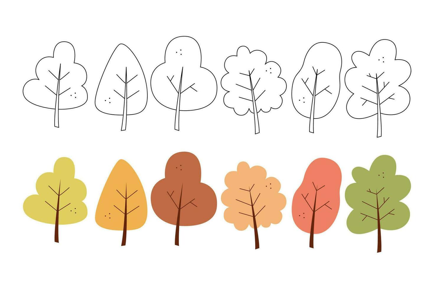 reeks van zes abstract herfst bomen. zwart en wit en kleur clip art vector illustratie.