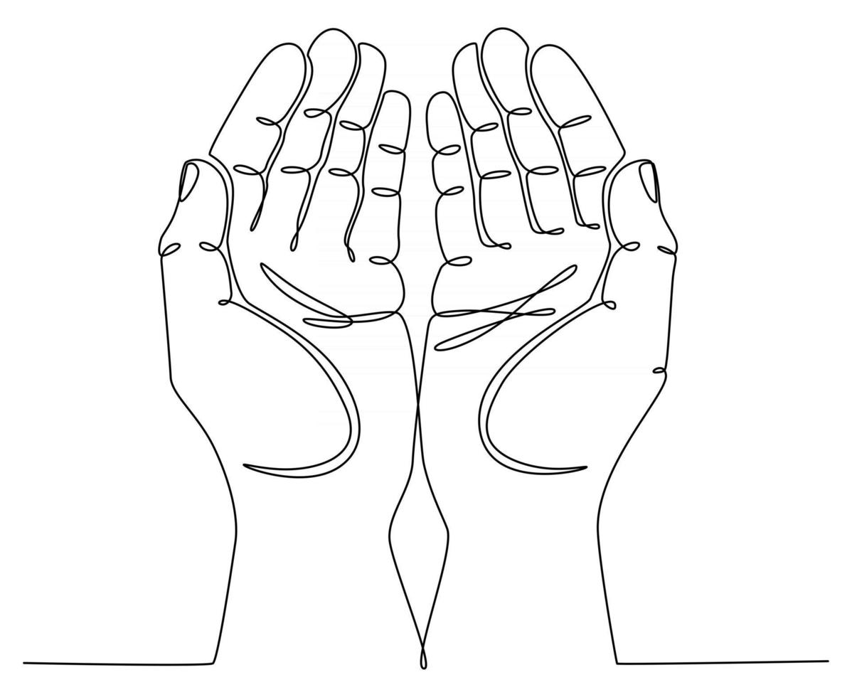 ononderbroken lijntekening handen omhoog biddend concept vectorillustratie vector