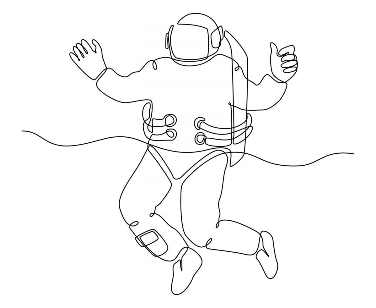 doorlopende lijntekening van een astronaut die met een duim omhoog vliegt. vector illustratie