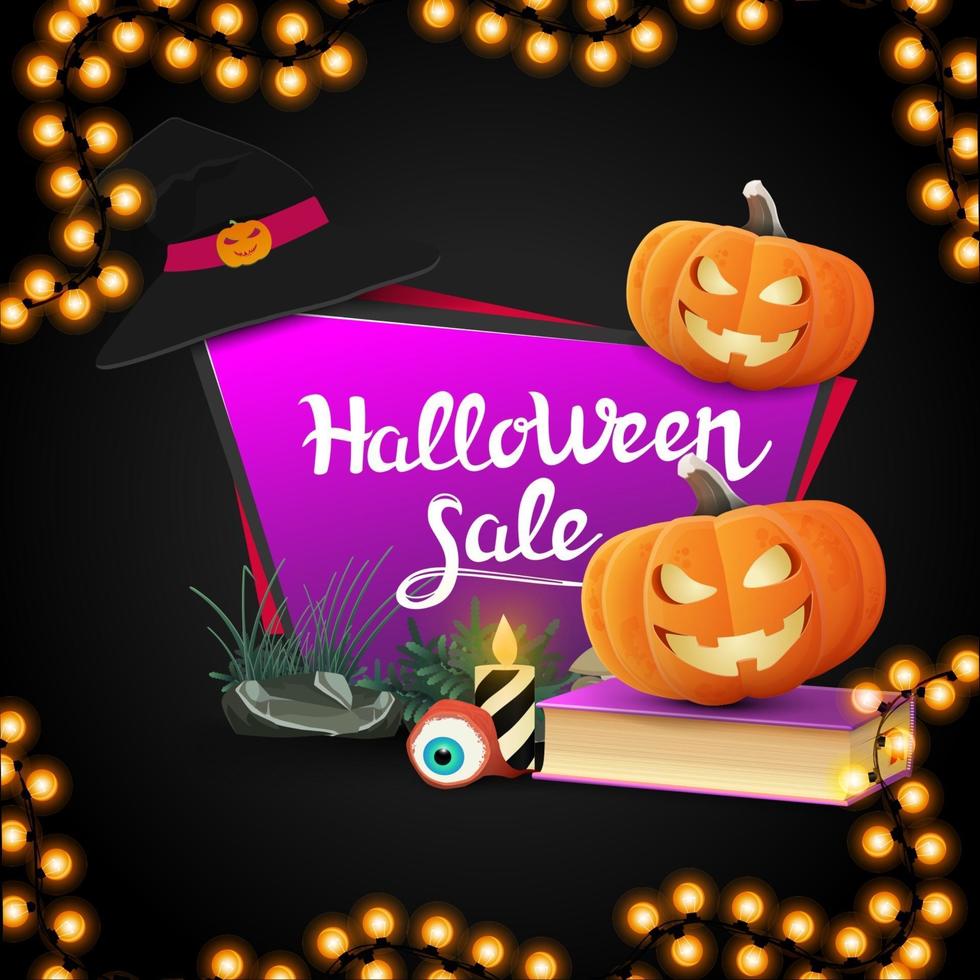 Halloween-uitverkoop, geometrische roze banner in de vorm van een vierhoekige scherpe plaat met spreukenboek en pompoenjack vector