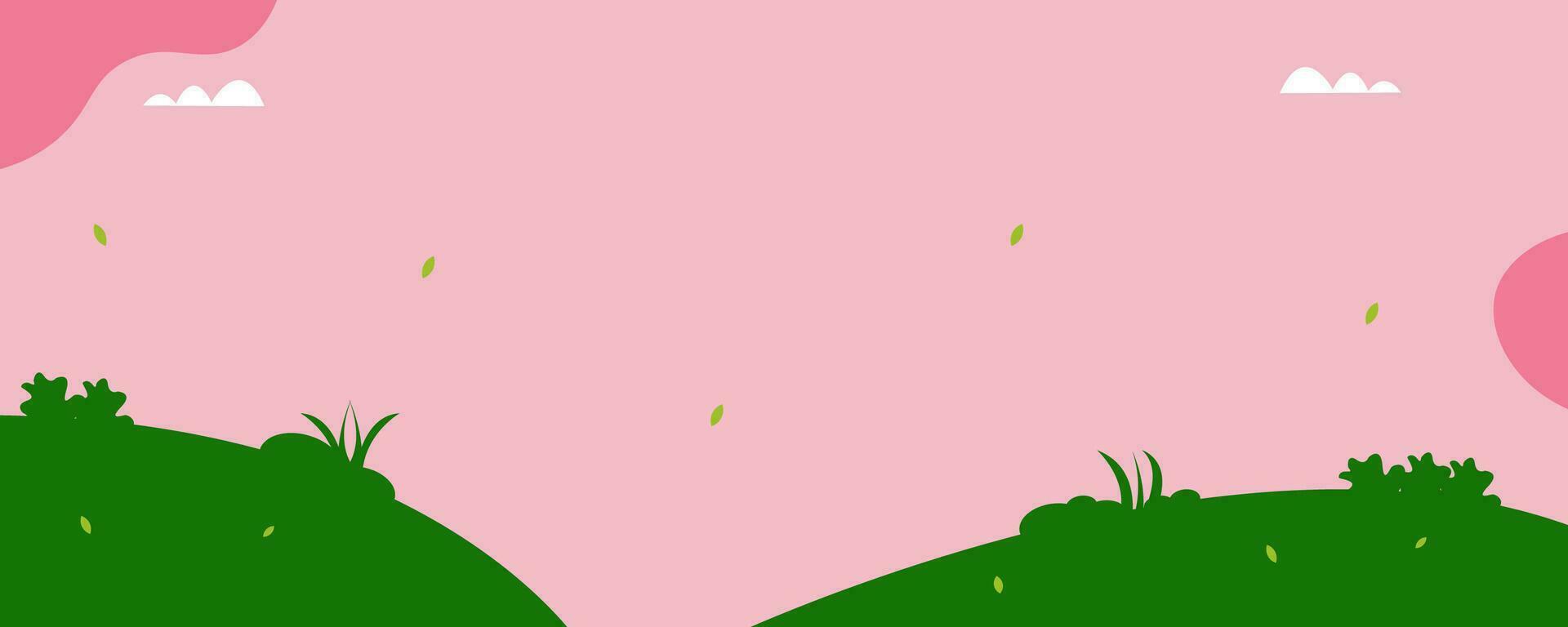 mooi pastel roze achtergrond met wolk, bloemen en groen heuvel vector