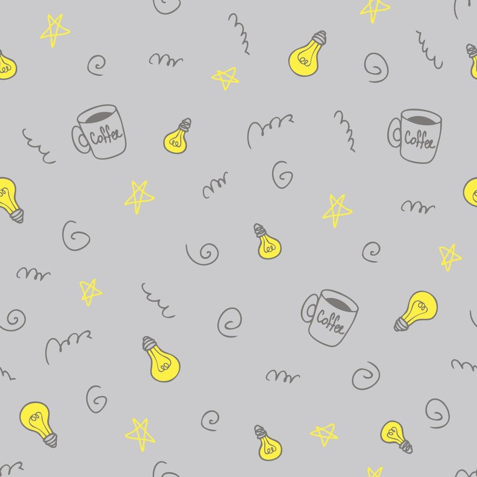 doodle naadloos patroon van felgele gloeilampen en koffiemokken idee thema vector