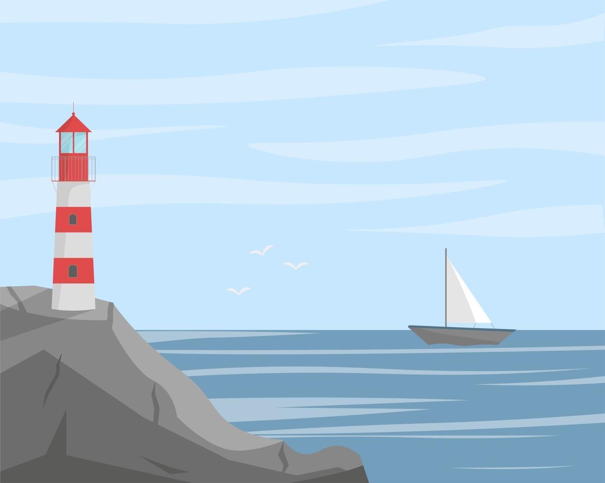 vuurtoren aan de kust met uitzicht op zee landschap. concept vectorillustratie in vlakke stijl. vector