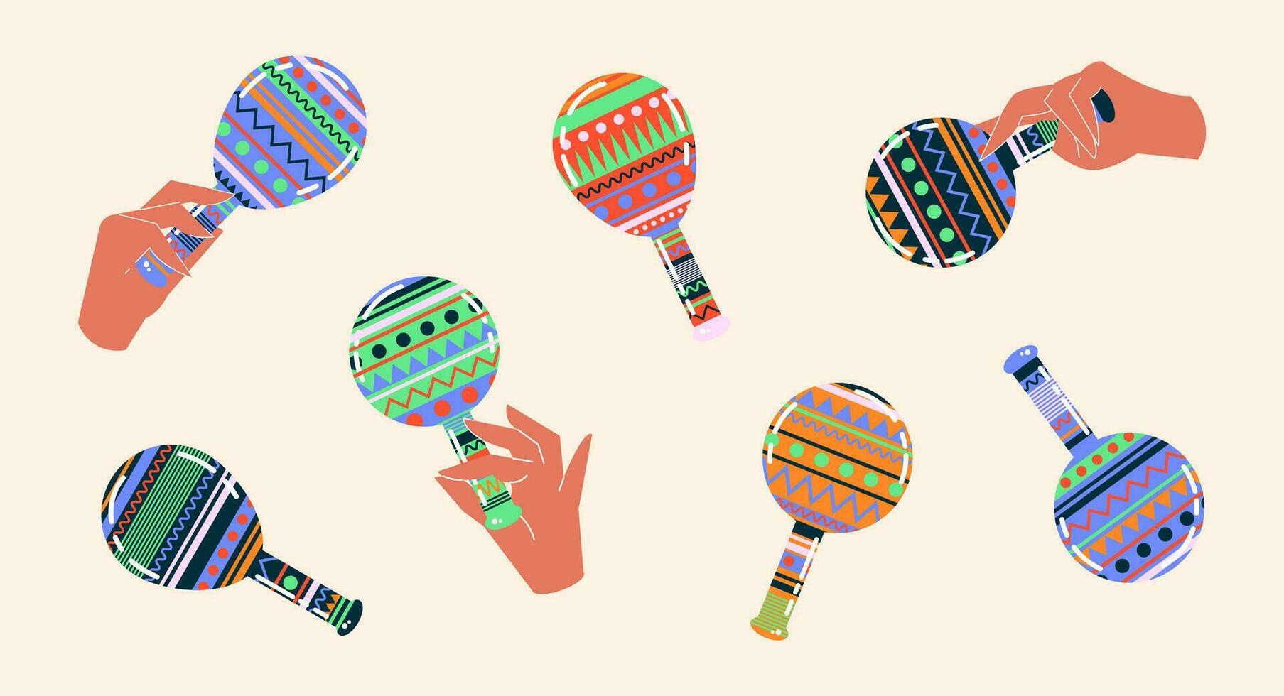 Mexicaans maracas. musical instrument maracas. hand- houdt kleurrijk maracas, maraca tekenfilm stijl. Mexicaans vakantie attribuut, traditioneel Latijns musical instrumenten. vector