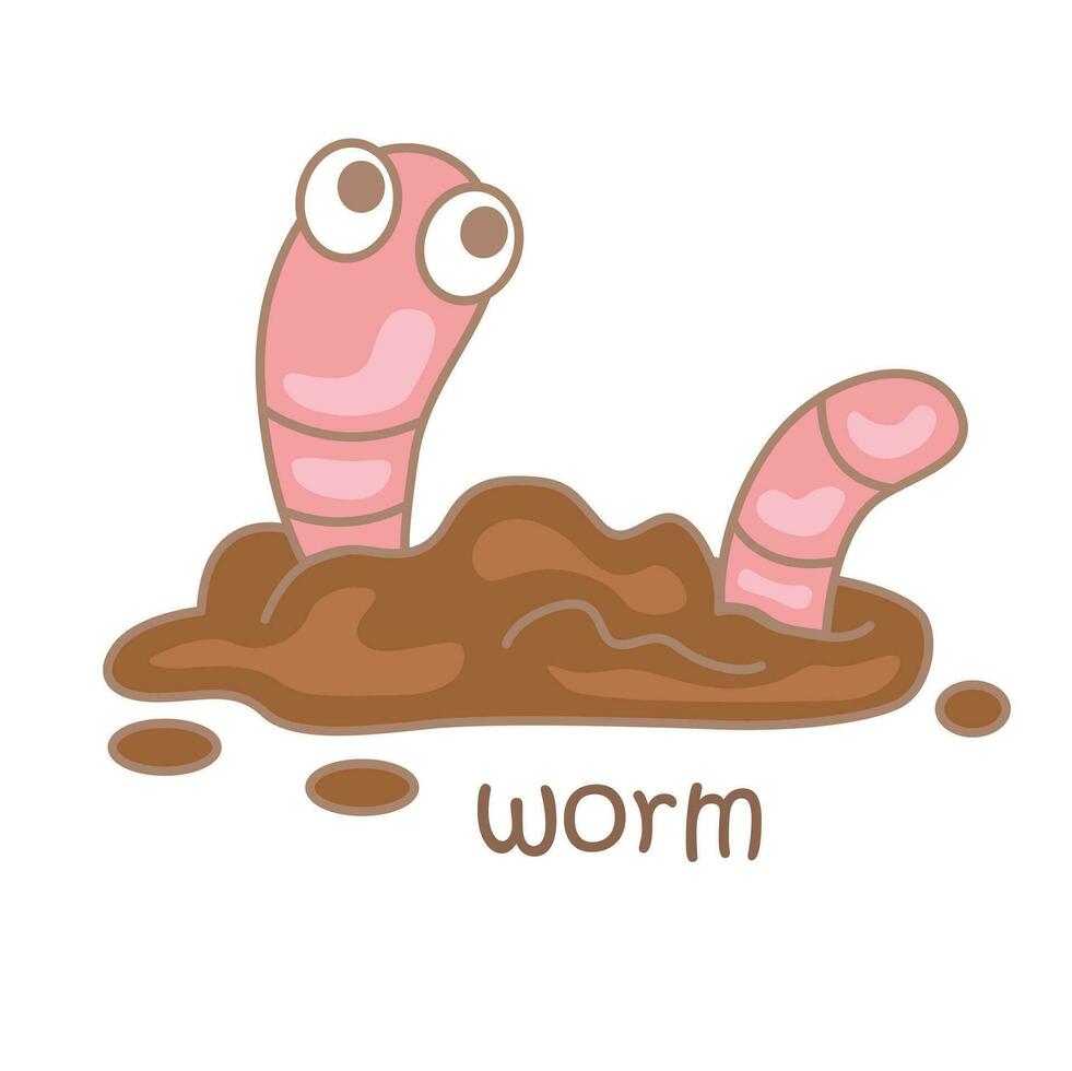 alfabet w voor worm woordenschat lezing school- les tekenfilm illustratie vector clip art sticker