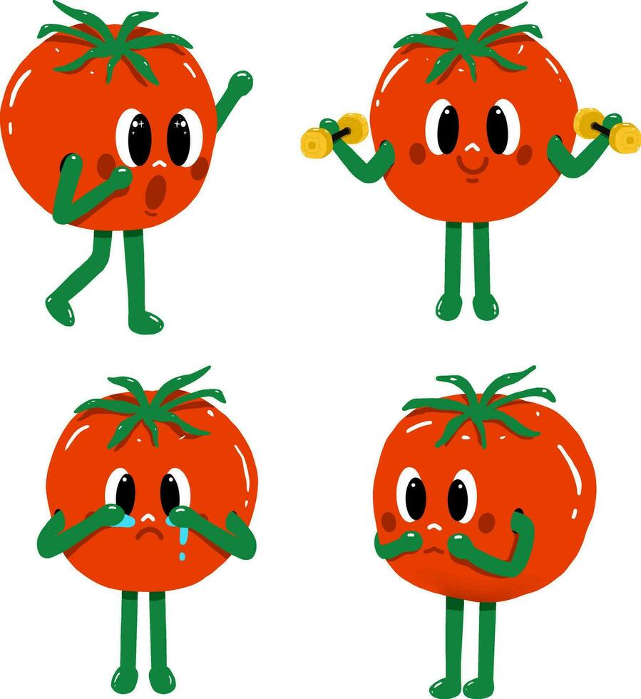 tomaat tekenfilm karakter set, baby tomaat vector hand- getrokken.
