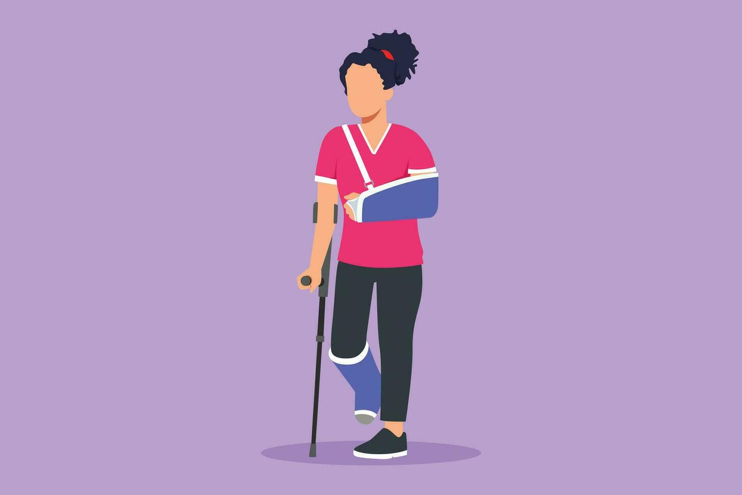 tekenfilm vlak stijl tekening gewond vrouw hebben hoofd verband, gebroken enkel, pols gips wandelen met kruk, medisch gips Aan been en arm. ziek vrouw in ziekenhuis. grafisch ontwerp vector illustratie