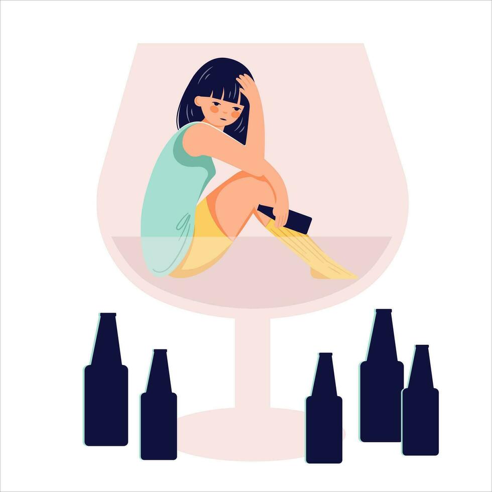 alcohol misbruik verslaving concept hand- getrokken dronken vrouw illustratie vector