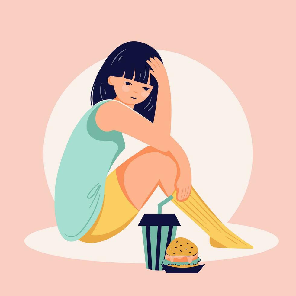 aan het eten wanorde concept. meisje weigeren voedsel. anorexia probleem vlak persoon illustratie vector