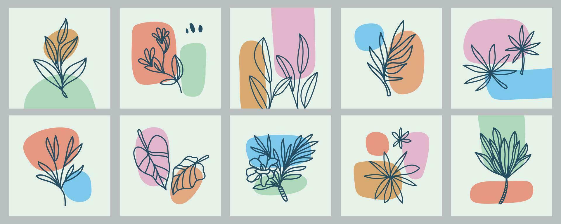 groot reeks van divers bladeren, bloemen, abstract vormen. inkt schilderij stijl. hedendaags hand- getrokken vector illustratie. doorlopend lijnen, minimalistische elegant concept. allemaal elementen zijn geïsoleerd