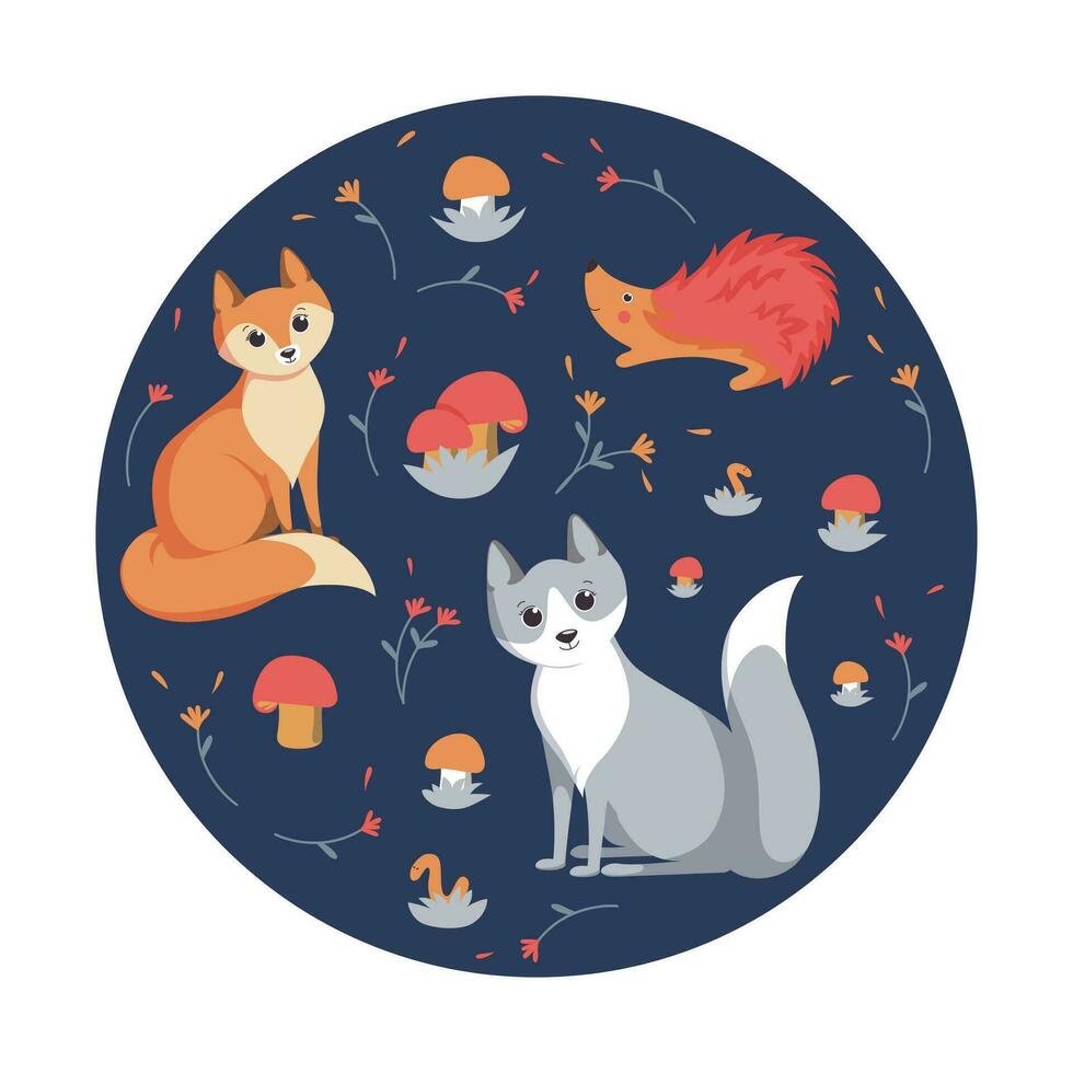 Woud dieren. vos, wolf en egel Aan blauw achtergrond met bloemen en champignons. vector illustratie in schattig tekenfilm stijl